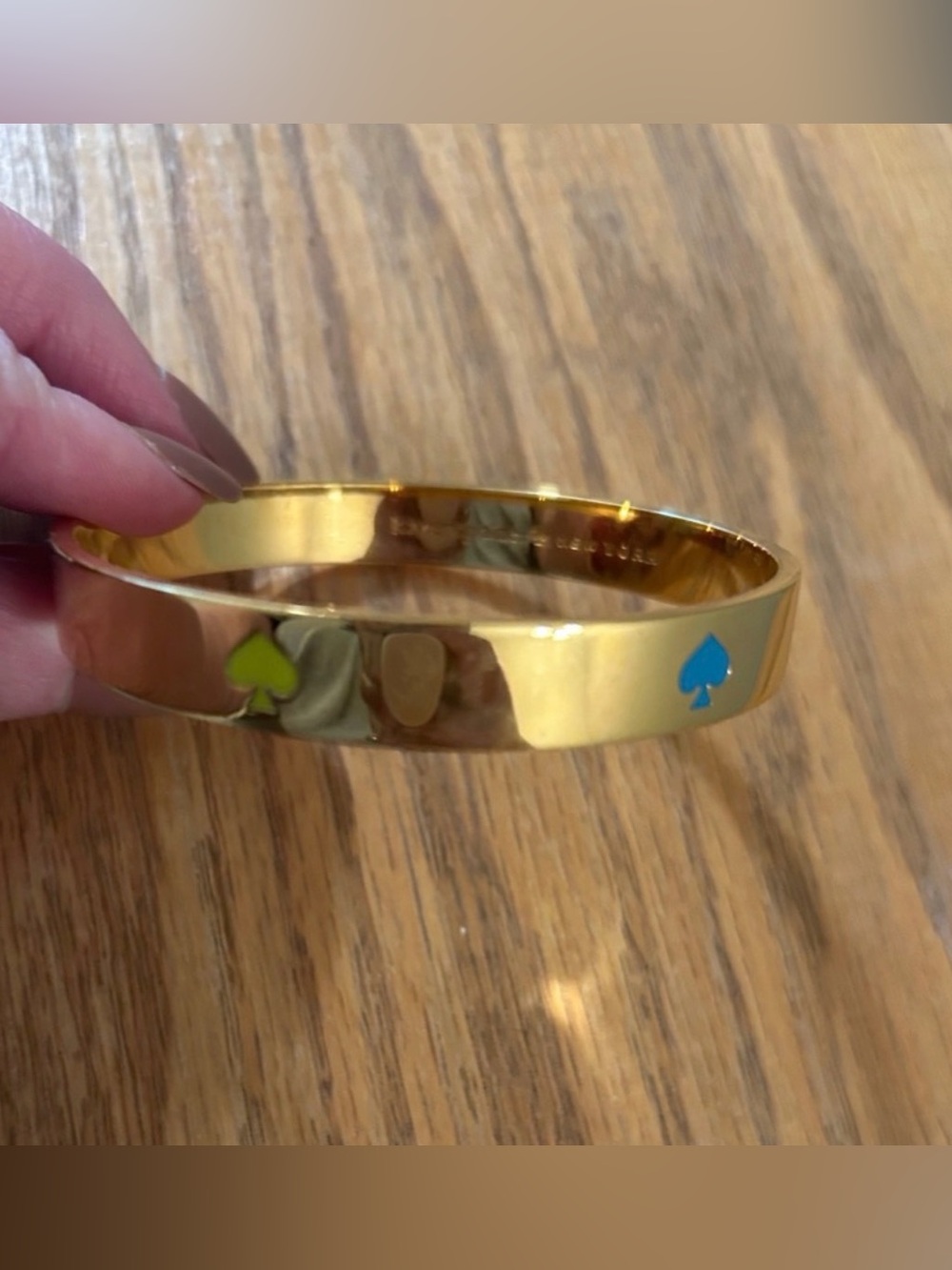 kate spade NWOT Gold Bangle with Blue and Pink Spade Accents - Picture 2 of 4